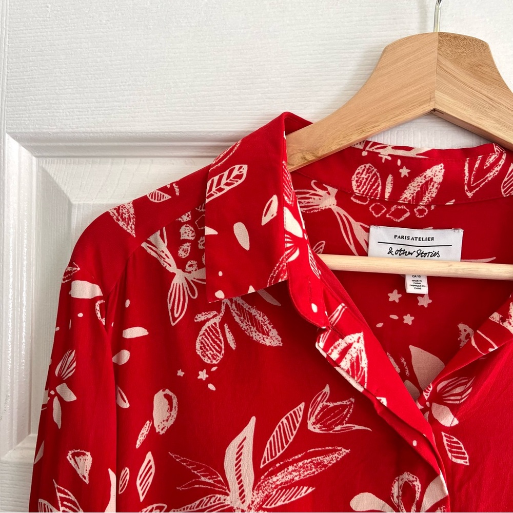 & Other Stories 100% Silk Long Sleeve Button Down Collared Blouse Red & White 10 - Picture 12 of 16